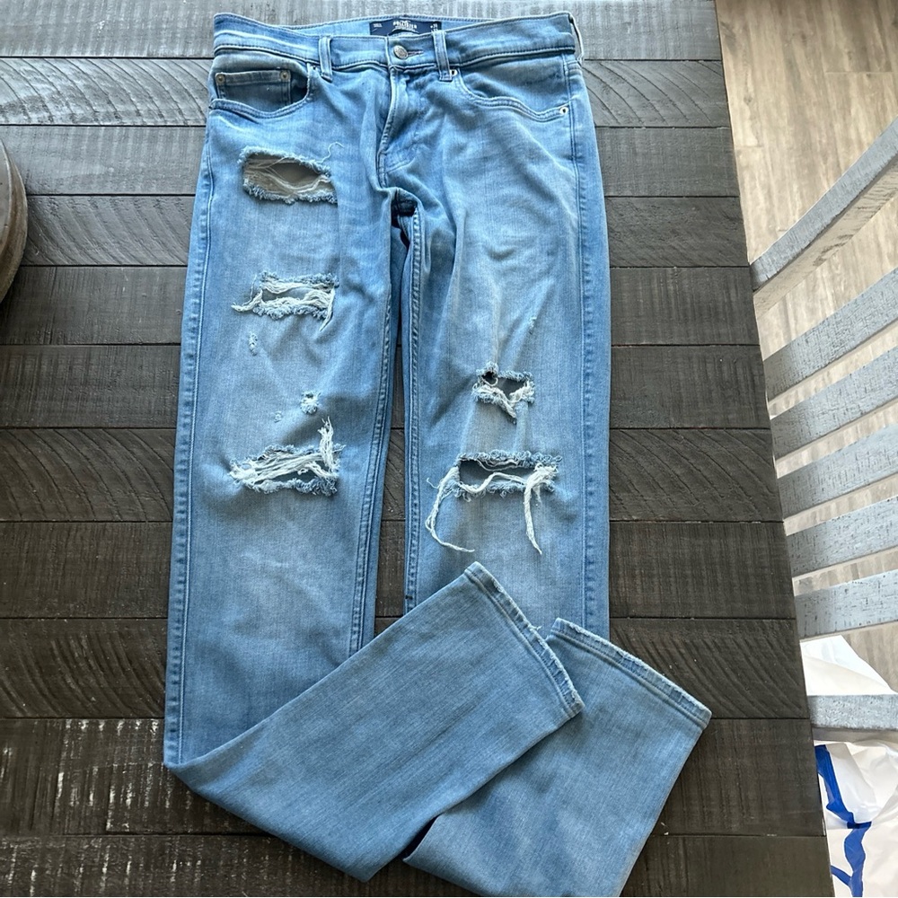 Hollister Jeans Mens 31x32 Light Blue Stacked Skinny Advanced Stretch Distressed